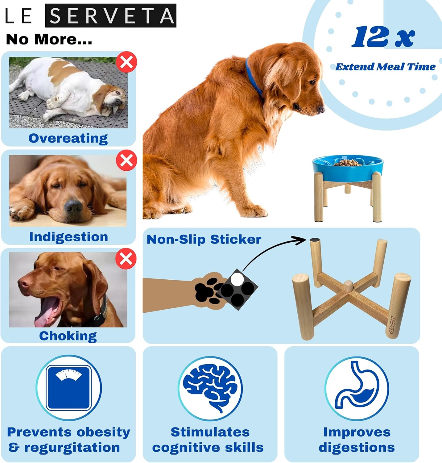 Ceramic Slow Feeder Dog Bowls, Raised, 3 Cups Elevated Slow Feeder with Wooden Stand for Medium Large Breed, Puzzle Dog Food Bowl (Blue)