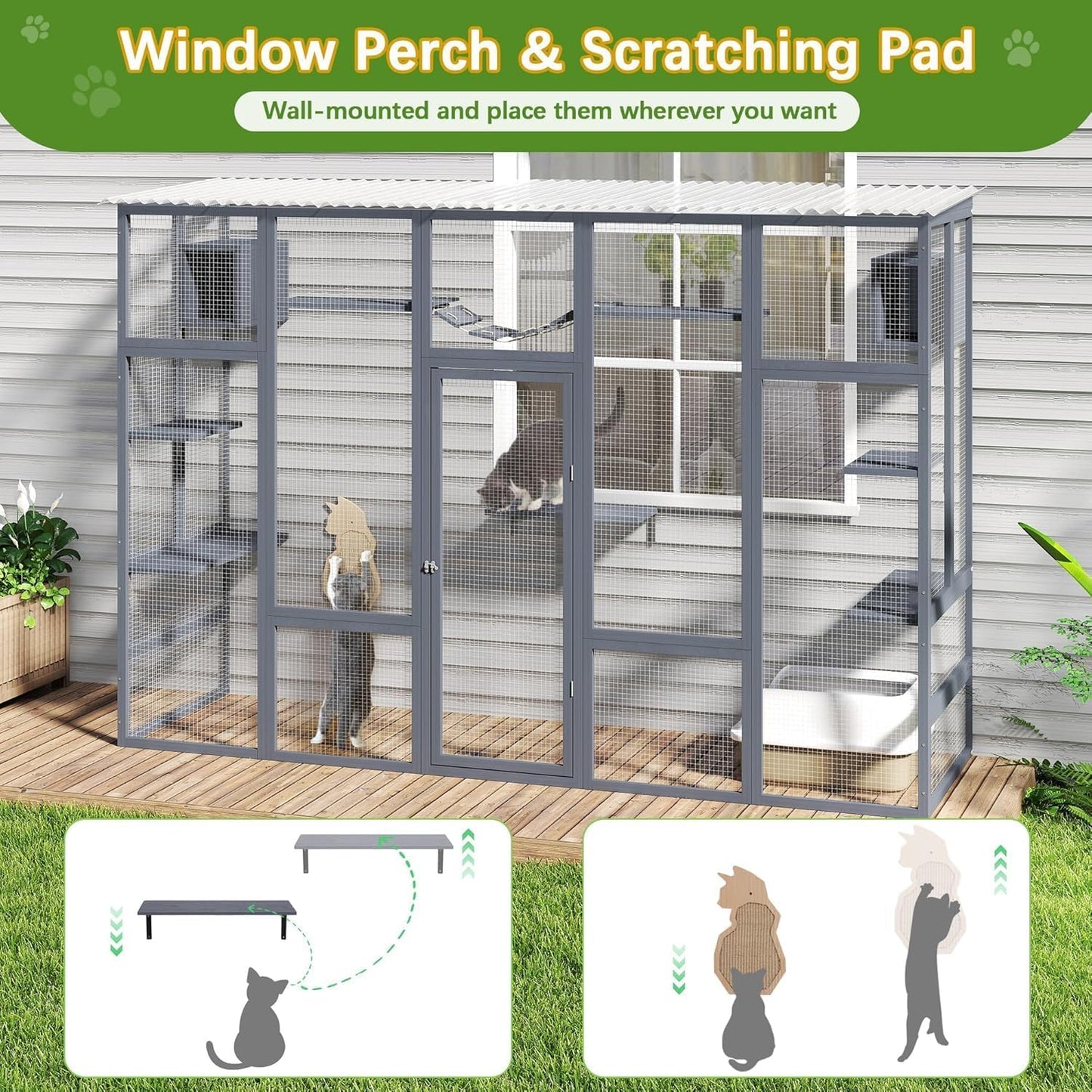 COZIWOW Catio Outdoor Cat Enclosure Window, 104" Wooden Large Catio Outside Cattery for Multiple Cats with Sloped Waterproof Cover, Grey