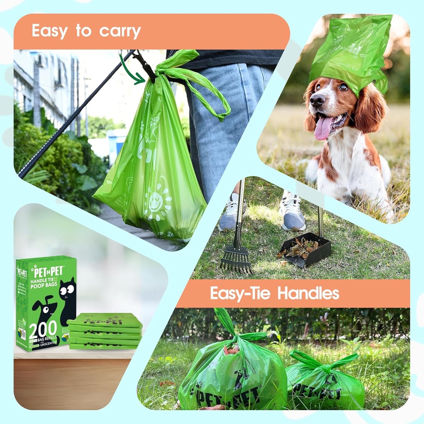 PET N PET 800 Counts Unscented Dog Poop Bags with Tie Handles, 38% Plant Based & 62% PE + 100% Plant Based Dog Wipes for Paws and Butt, 100 Counts Dog Pet Wipes, 8" x 8" Hypoallergenic Unscented Wipes