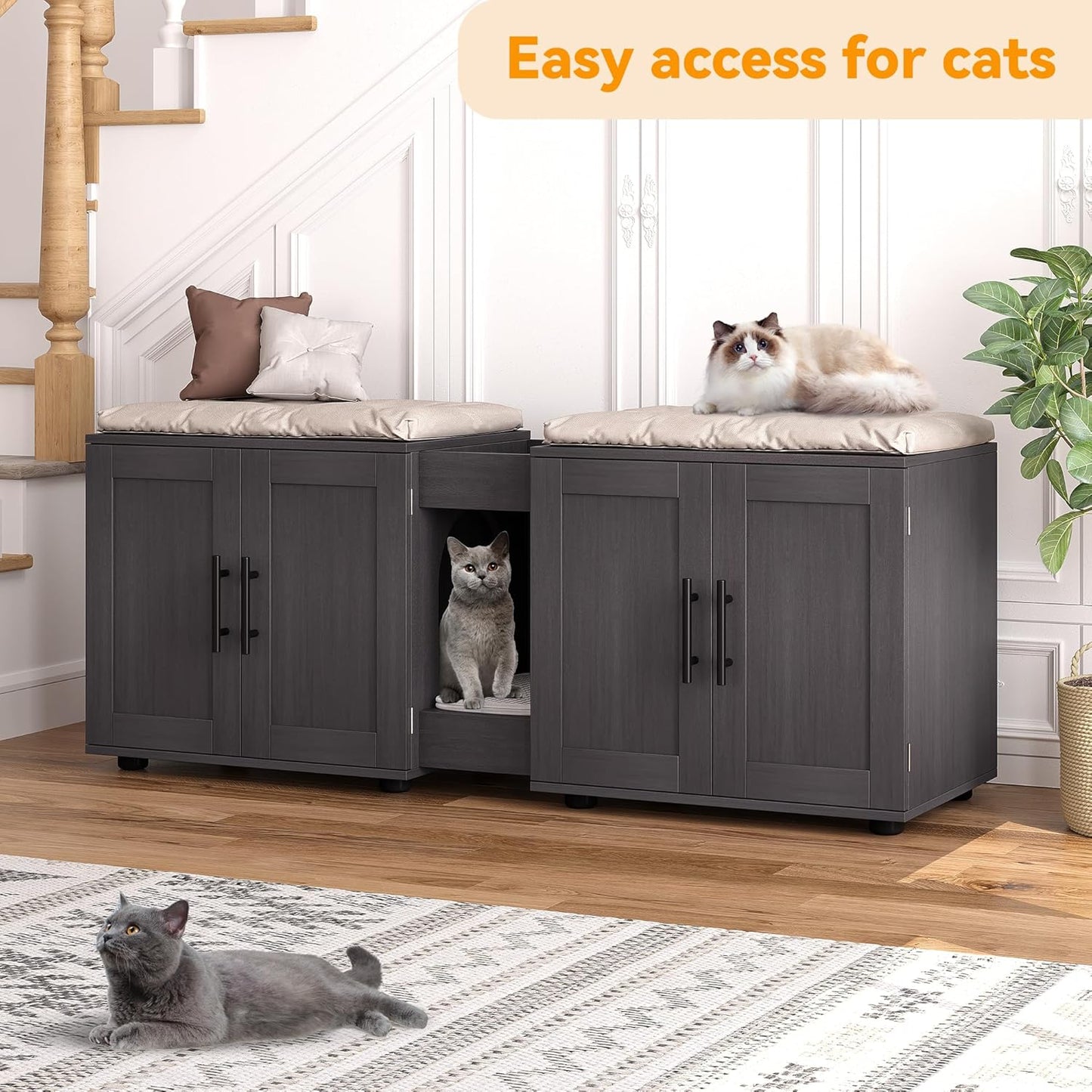 Garvee Cat Litter Box Enclosure for 2 Cats, 55" Hiddden Litter Box Enclosure Furniture 3-in-1 Wooden Litter Cabinet with Barn Door & Double Rooms for Bedroom Living Room,Walnut