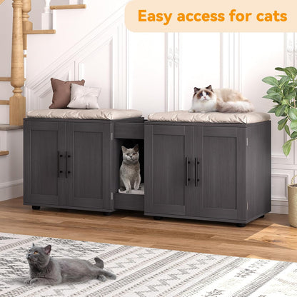 Garvee Cat Litter Box Enclosure for 2 Cats, 55" Hiddden Litter Box Enclosure Furniture 3-in-1 Wooden Litter Cabinet with Barn Door & Double Rooms for Bedroom Living Room,Walnut