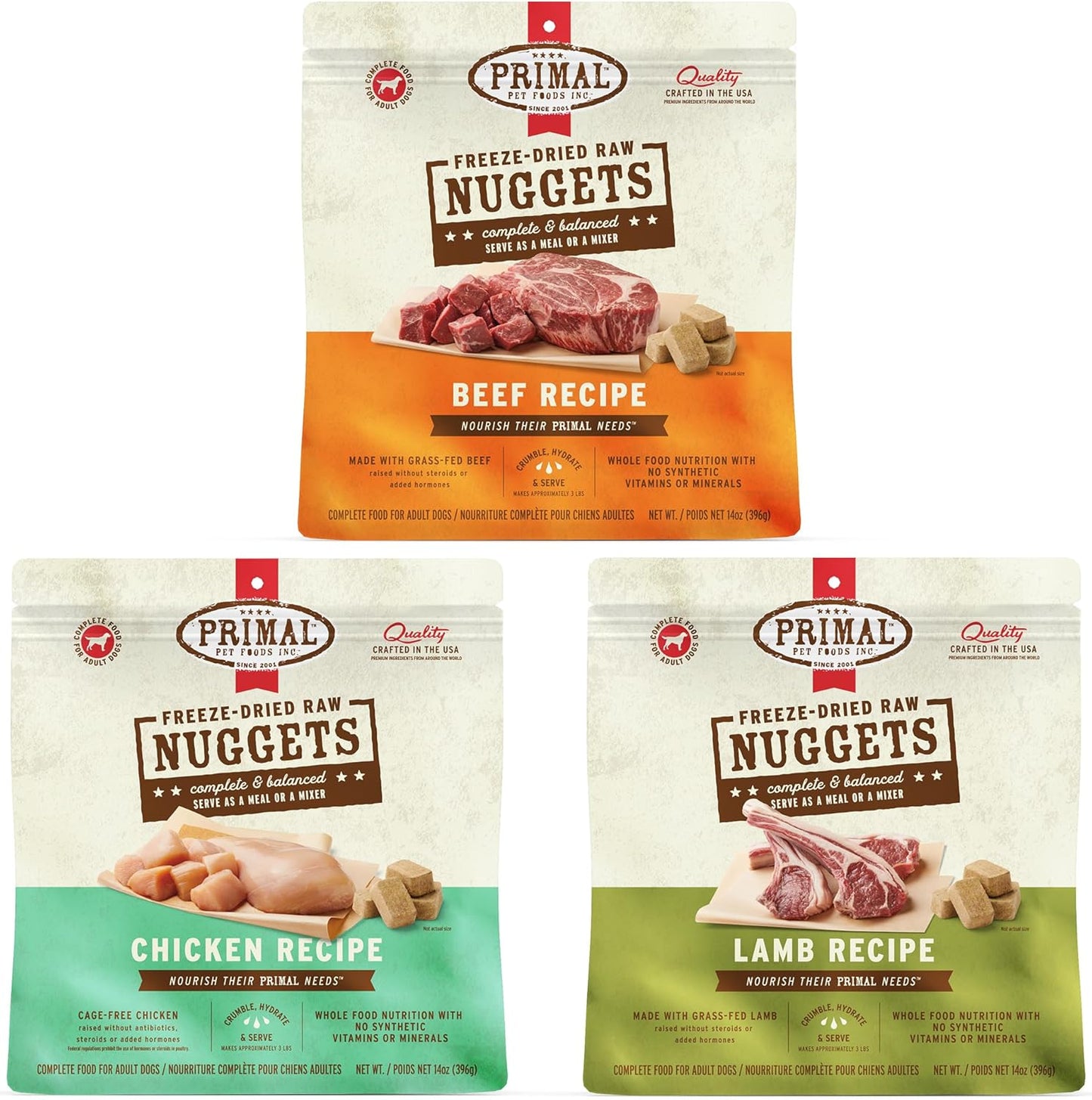 Primal Freeze Dried Dog Food Nuggets Classic Protein Bundle, Chicken, Beef & Lamb - Complete Balanced Meal, Topper or Treat, Premium, Healthy, Grain Free, High Protein Raw Dog Food, 14 oz Each