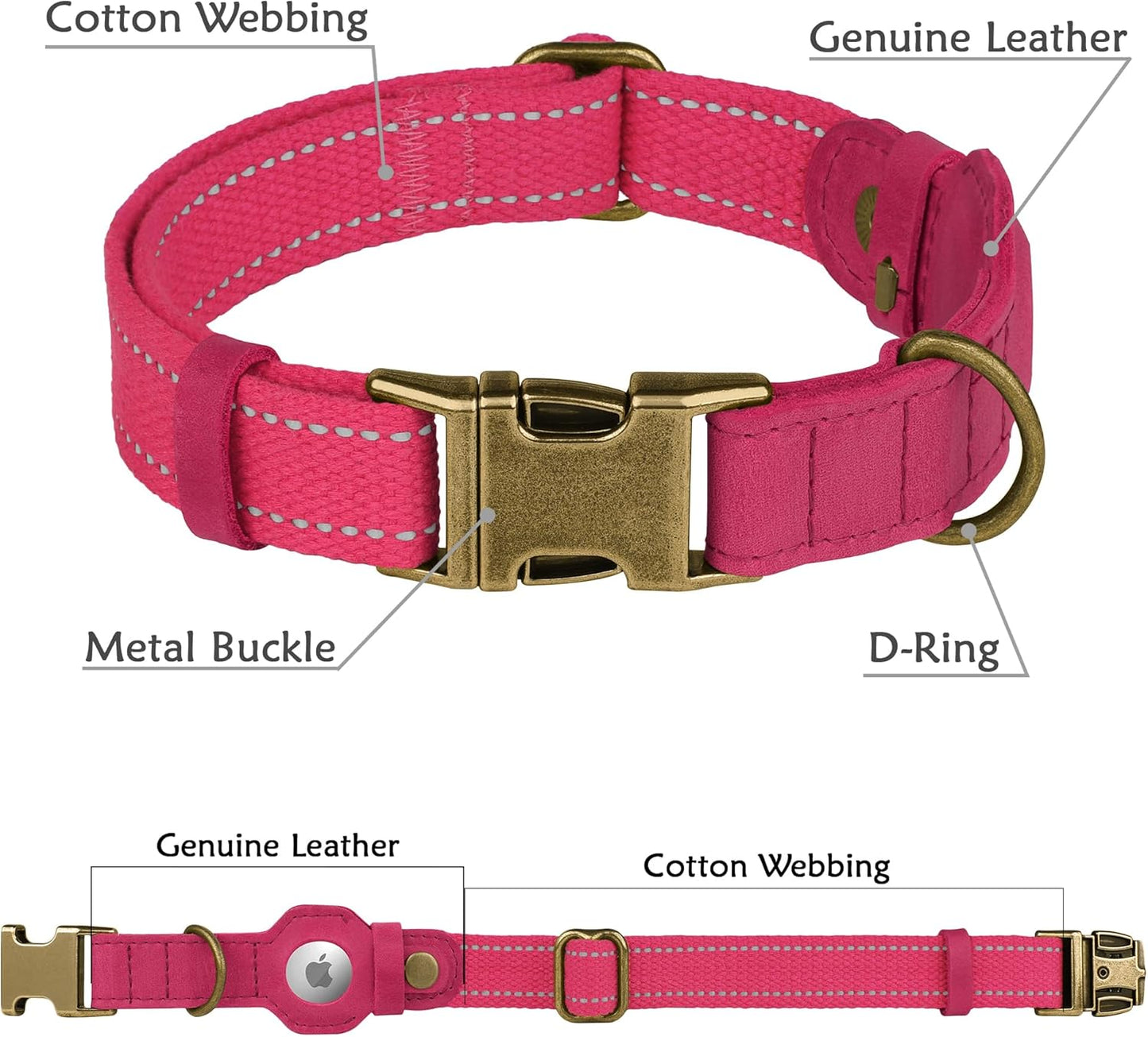 Reflective Leather Dog Collar with AirTag Holder - Soft Apple Airtag Dog Collar with Metal Buckle - Safety Cotton Pet Collars for Dogs Small Large Dogs Puppy (Pink, XS, 9"-12")