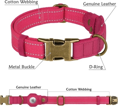 Reflective Leather Dog Collar with AirTag Holder - Soft Apple Airtag Dog Collar with Metal Buckle - Safety Cotton Pet Collars for Dogs Small Large Dogs Puppy (Pink, XS, 9"-12")