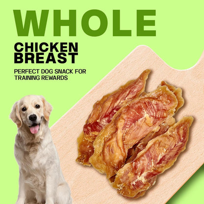 Whole Chicken Breast Dog Treats - Meaty, Chewy Jerky Strips for Large Dogs - High Protein Snacks, Training Rewards, 45% Protein Content for Muscle Support