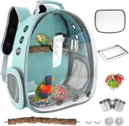 Bird Backpack Carrier with Perch, Portable Bird Travel Cage Bag, Clear Parrot Carrier Cockatiel Cage with Toy Stainless Steel Food Bowl Tray for Conures Parakeet Budgie Canary Lovebirds Small Animals