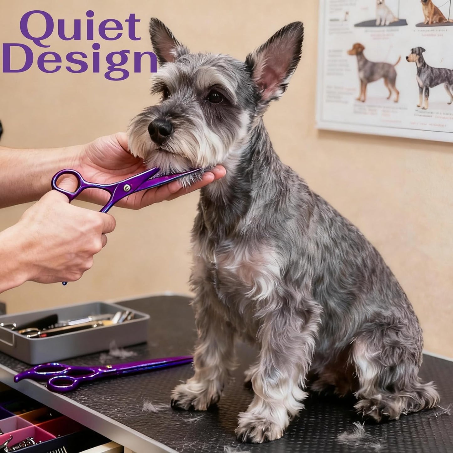 7.0 inch Dog Grooming Scissors, Professional 4-Piece Pet Shears Set with Thinning Shears, Straight & Curved Scissors, Storage Bag for Pet Dogs Cats Hair Cutting, Quiet Design (Purple)