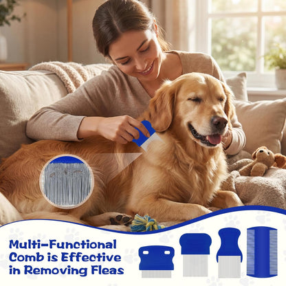 WRW 7 Pack Flea Lice Comb,Stainless Steel Dog Cat Grooming Combs with Fine & Wide Tooth, Double-Sided Tear Stain Remover,Tick Removal Tool, Dematting Tool for Small, Medium & Large Pets