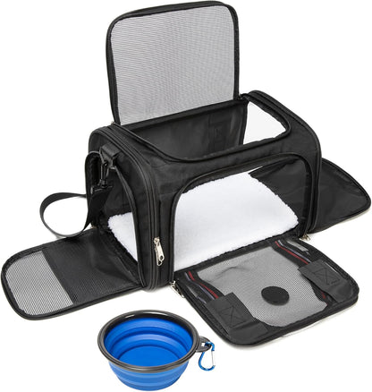 CAGA Soft-Sided Pet Carrier - Ventilated Foldable & Collapsible Under Seat Travel Kennel with Pockets for Small to Medium Dogs & Cats up to 15 lbs (Black)