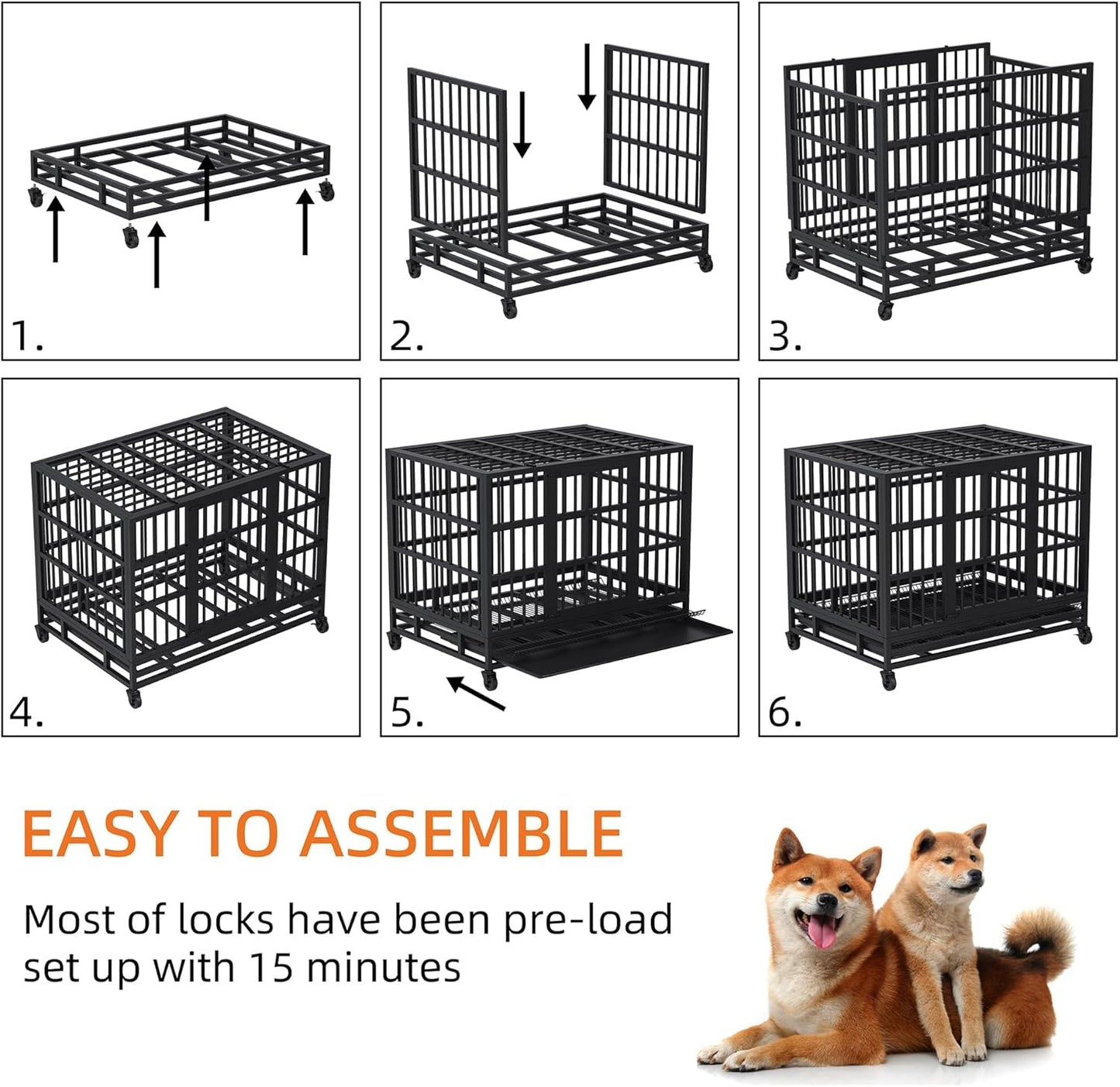 Shintenchi 48 inch Heavy Duty Crates for Large Dog, Indestructible and Escape-Proof Cage Kennel with Lockable Wheels, Double Door High Anxiety with Removable Tray, Black