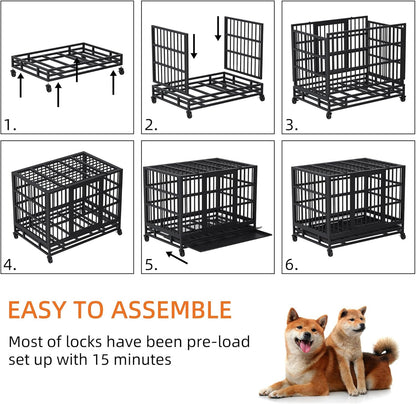 Shintenchi 48 inch Heavy Duty Crates for Large Dog, Indestructible and Escape-Proof Cage Kennel with Lockable Wheels, Double Door High Anxiety with Removable Tray, Black