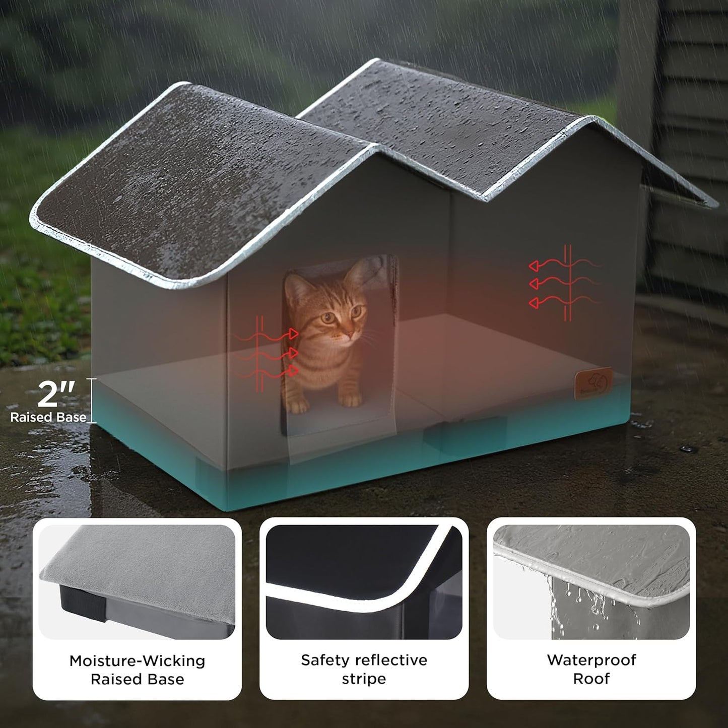 Bedsure Weatherproof Outdoor Cat House-Extra Wide Insulated Feral Cat Shelter with Raised Base in Winter, Waterproof Outside Pet Hideout for Stray Kitty, 22.5x12.5x13.25inches, Grey