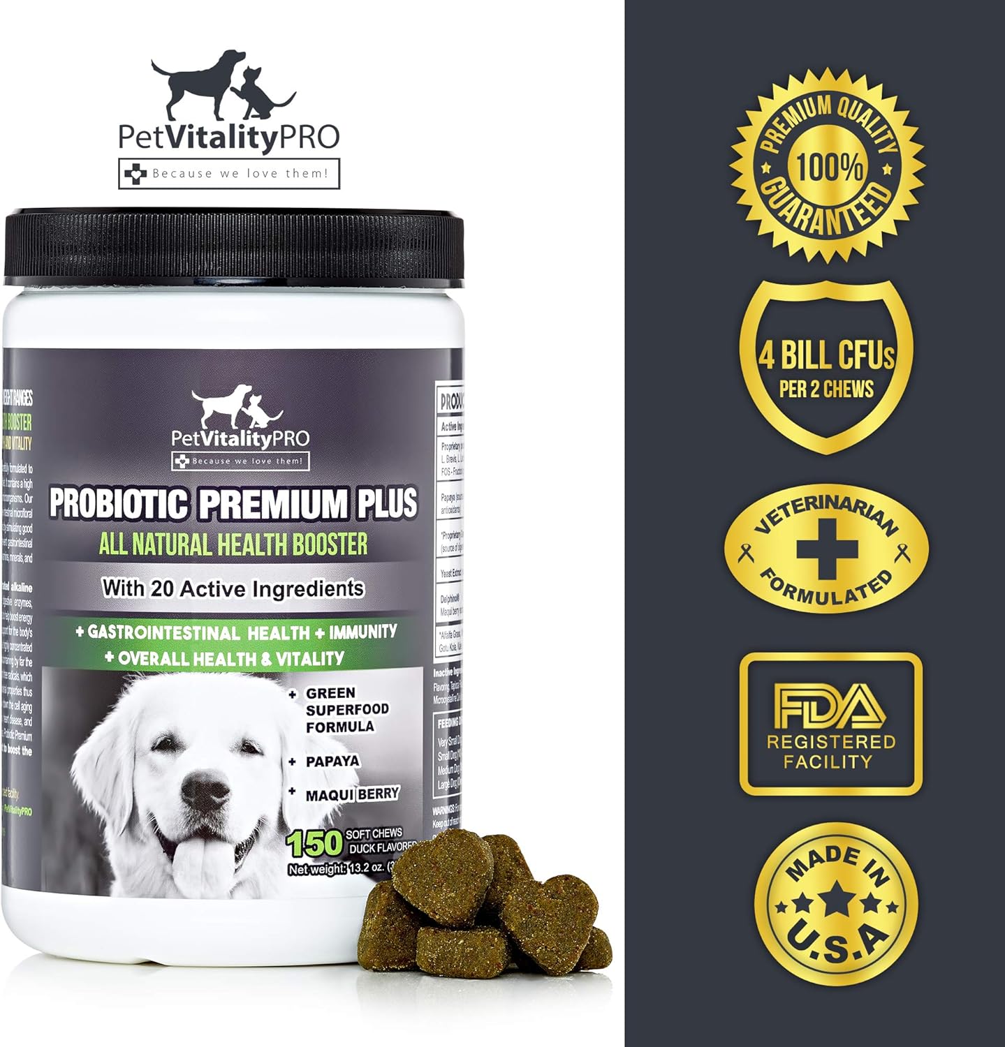 Probiotics for Dogs with Natural Digestive Enzymes ● 4 Bill CFUs/2 Soft Chews ● Dog Diarrhea Upset Stomach Yeast Gas Bad Breath Immunity Allergies Skin Itching Hot Spots ● 150 Count