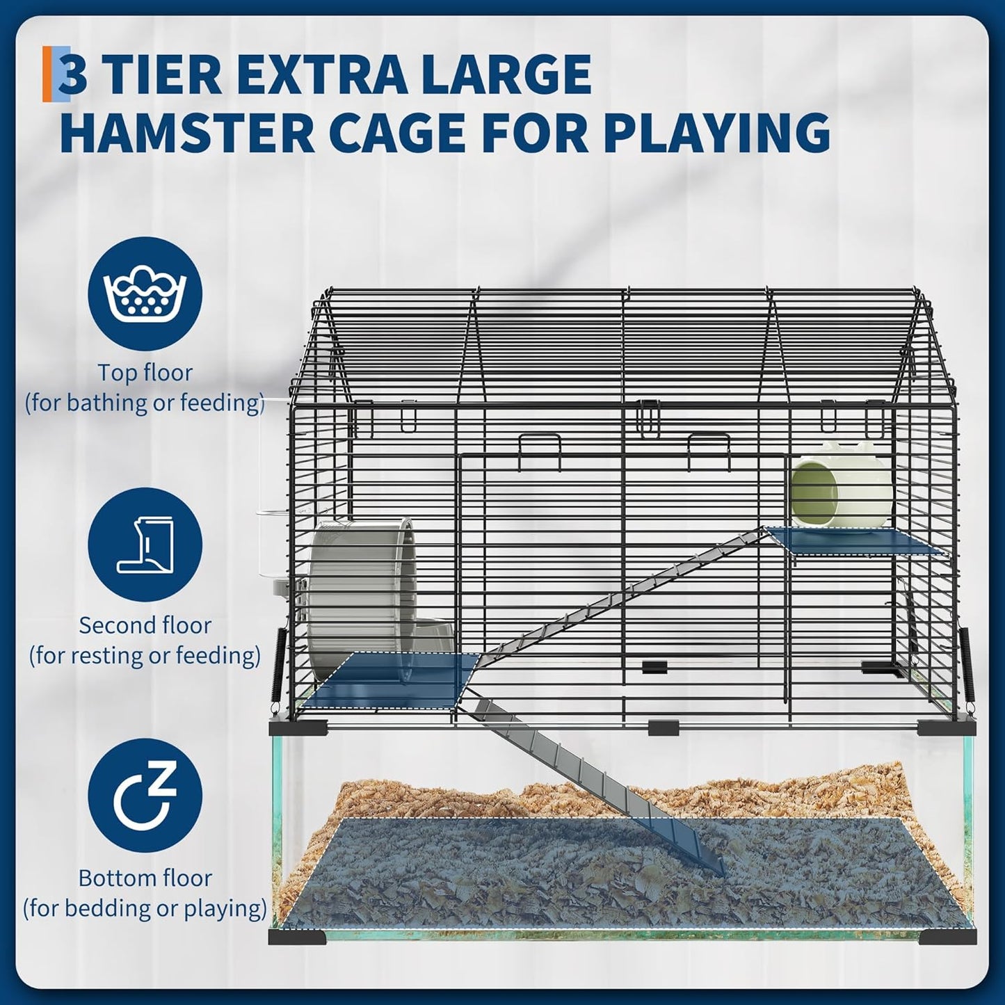 Spacious 3-Tier Hamster Cage for Small Animals – Deep Tempered Glass Bottom, Running Wheel, Water Bottle & Food Bowl – Transparent Habitat for Syrian, Dwarf Hamsters, Gerbils, Mice, Rats, Chinchillas,