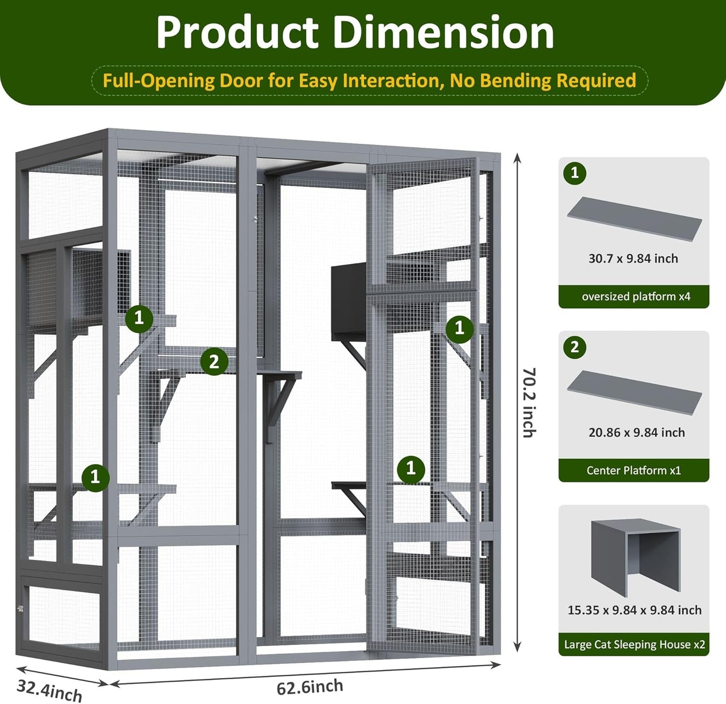 70 Inch Catio Outdoor Cat Enclosure, Large Cat House for Outdoor Cats with Enhanced Security Structure, Outside Cat Patio Cattery Weatherproof for Multiple Indoor Outdoor Cats, Grey