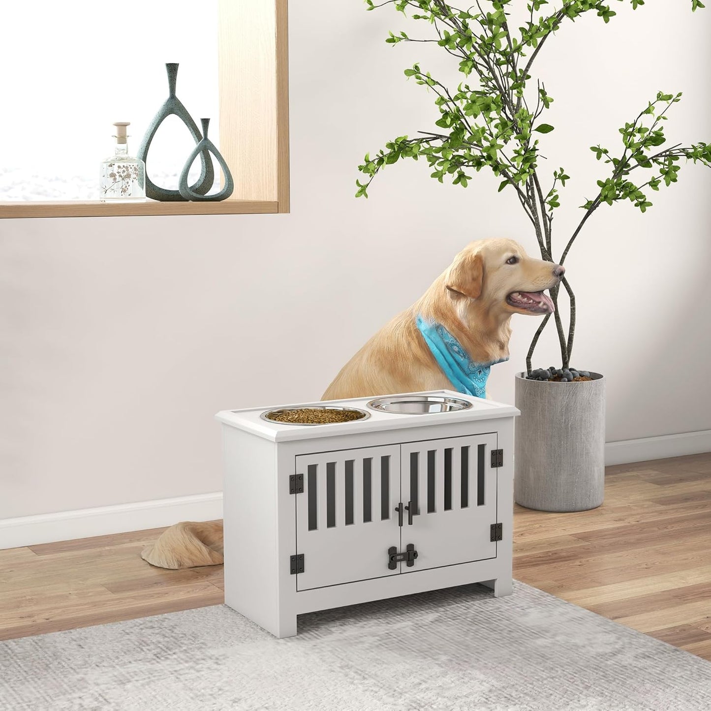 GREAZ Modern Elevated Dog Bowl Stand with Storage Cabinet for Healthier Meals, Stylish and Functional, for Larger Dogs, White