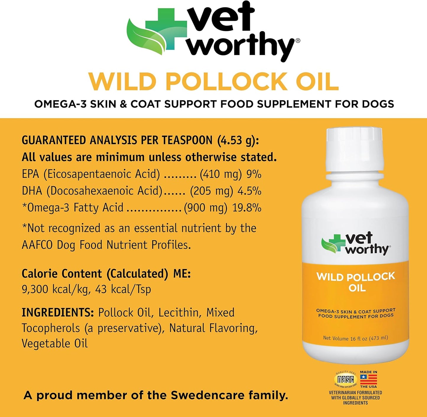 Vet Worthy Wild Pollock Oil for Dogs - All Natural Dog Supplement to Promote Skin and Coat, Heart, and Immune System Support - Liquid Fish Oil for Dogs - Easy to Use Mess-Free Bottle - 16 fl oz