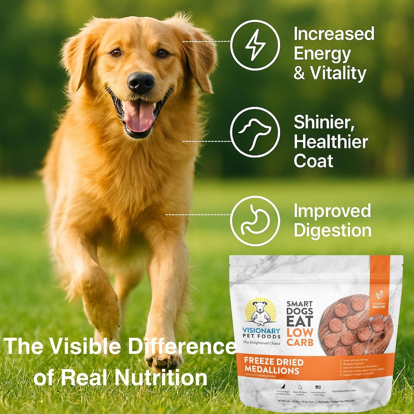 Visionary Pet Foods Low Carb Keto Natural Dry Dog Food Bundle Less Than 1g Net Carbs Freeze Dried Raw Real Beef and Chicken, Diabetic Friendly Made and Sourced in USA 25oz