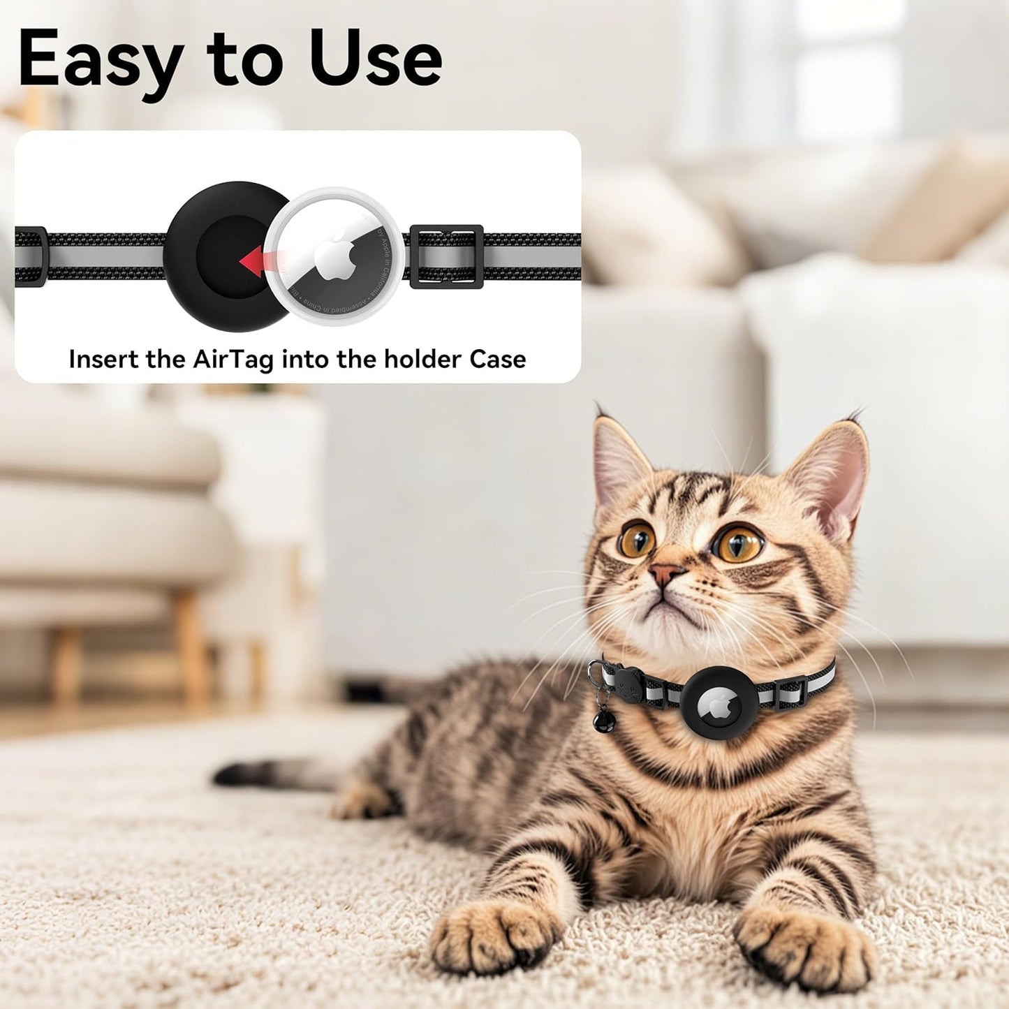 Airtag Cat Collar Breakaway, Adjustable Reflective Kitten Cat Collar with Apple AirTag Holder and Bell for Cats and Puppies (Black)
