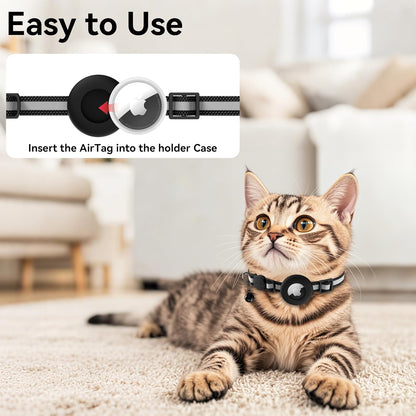 Airtag Cat Collar Breakaway, Adjustable Reflective Kitten Cat Collar with Apple AirTag Holder and Bell for Cats and Puppies (Black)