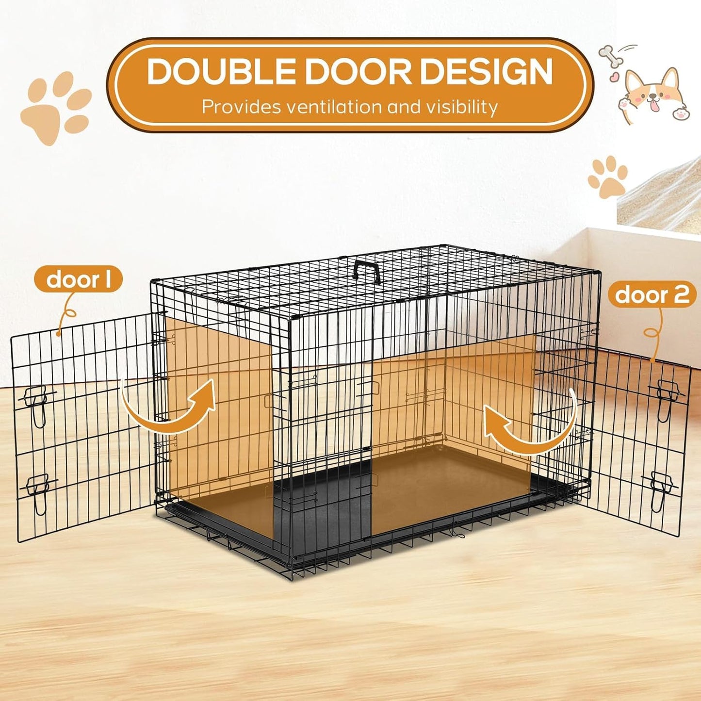 Dog Crate - Extra Large 48 Inch Double Door Portable Dog Cage, Metal Wire Pet Kennel with Secure Lock, Leak-Proof Pan Tray, Foldable Design for Dogs Pets Indoor Training and Outdoor Trave