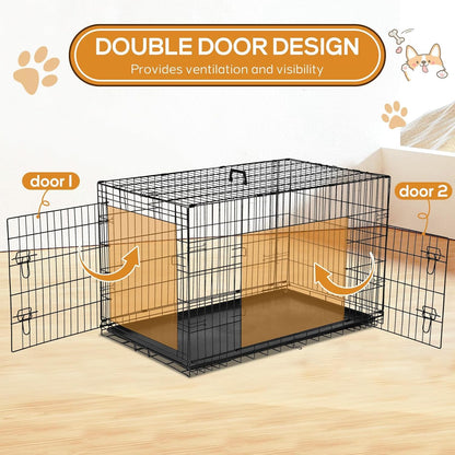 Dog Crate - Extra Large 48 Inch Double Door Portable Dog Cage, Metal Wire Pet Kennel with Secure Lock, Leak-Proof Pan Tray, Foldable Design for Dogs Pets Indoor Training and Outdoor Trave