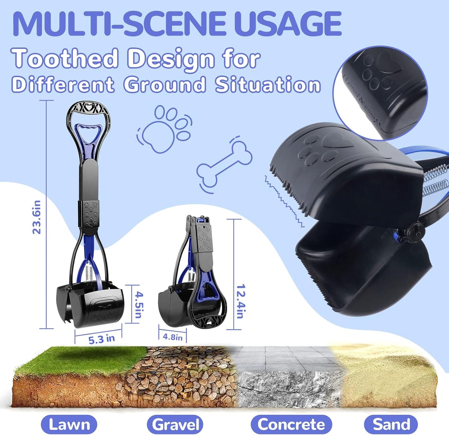 Pooper Scooper for Dogs, 24" Long Handle for One-Hand Opertating, Foldable and Portable, Easy to Use on Grass, Dirt, Gravel - Blue