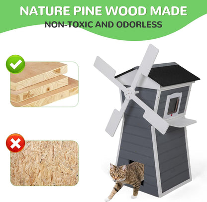 Coziwow Outdoor Cat House,Windmill-Shaped Kitty Enclosure with Waterproof Roof, Jumping Platform & Balcony for Porch or Garden