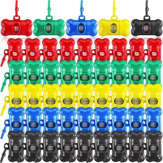 50 Pcs Bone Shape Dog Poop Bag Dispenser with Leash Hook Plastic Leak Proof Pet Waste Bag Holder for Walking Hiking Camping, 5 Colors