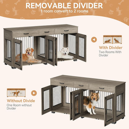 71'' Double Dog Crate Furniture, Large Dog Kennel Indoor with 3 Storage Drawers and Removable Divider for 2 Dogs, Heavy Duty Decorative Dog House TV Stand Side Table for Medium Large Dogs, Grey