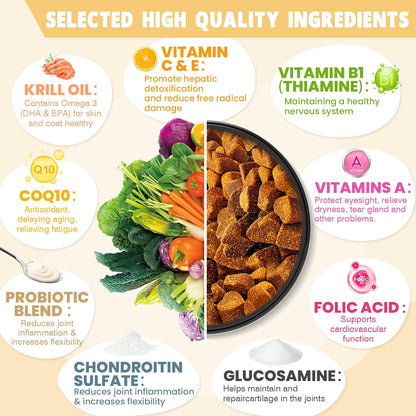 24-in-1 Dog Vitamins and Supplements 300 Ct Dogs Multivitamin Chewable Contain Chondroitin Probiotics Omega-3 Glucosamine for Dogs Skin Coat Heart Joint Gut Liver Brain Eyes Immune Support - Chicken