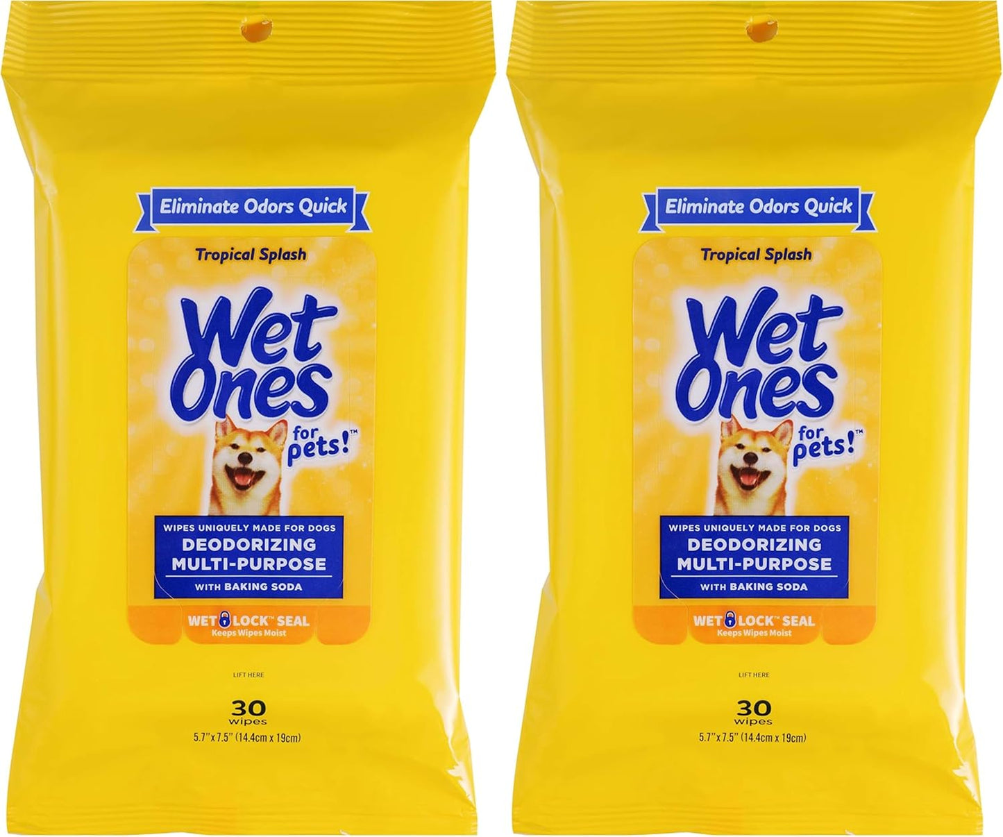 Wet Ones for Pets Deodorizing Multi-Purpose Dog Wipes with Baking Soda Dog Deodorizing Wipes for All Dogs in Tropical Splash Scent, Wipes with Wet Lock Seal Pouch Dog Wipes(Pack of 2,30 Count)