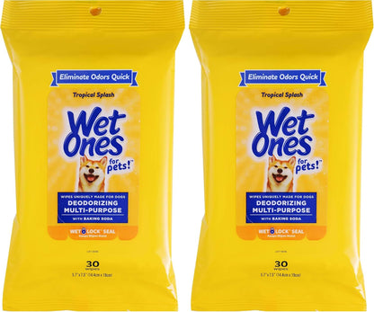 Wet Ones for Pets Deodorizing Multi-Purpose Dog Wipes with Baking Soda Dog Deodorizing Wipes for All Dogs in Tropical Splash Scent, Wipes with Wet Lock Seal Pouch Dog Wipes(Pack of 2,30 Count)