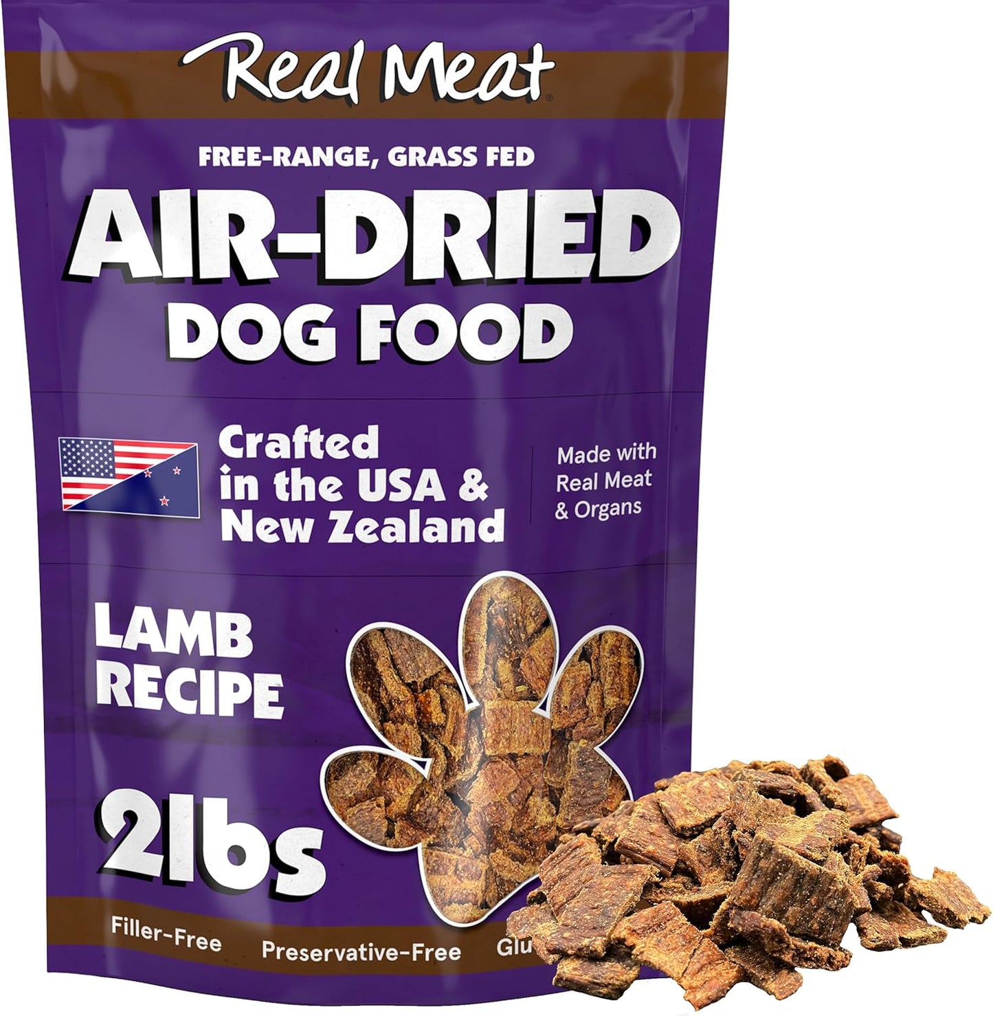 Real Meat Air Dried Dog Food w/ Real Lamb - 2lb Bag of USA-Crafted Grain-Free Real Meat Dog Food Sourced from Hormone-Free, Free-Range, Grass-Fed Lamb - Digestible, All Natural, High Protein Dog Food