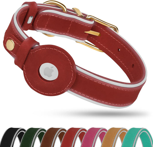 OOPSDOGGY Reflective Geniune Leather Airtag Dog Collar Soft Padded Collars for Small Medium Large Breed Dogs Puppy, 4 Sizes, 7 Colors (Red, Small, 9"-12")