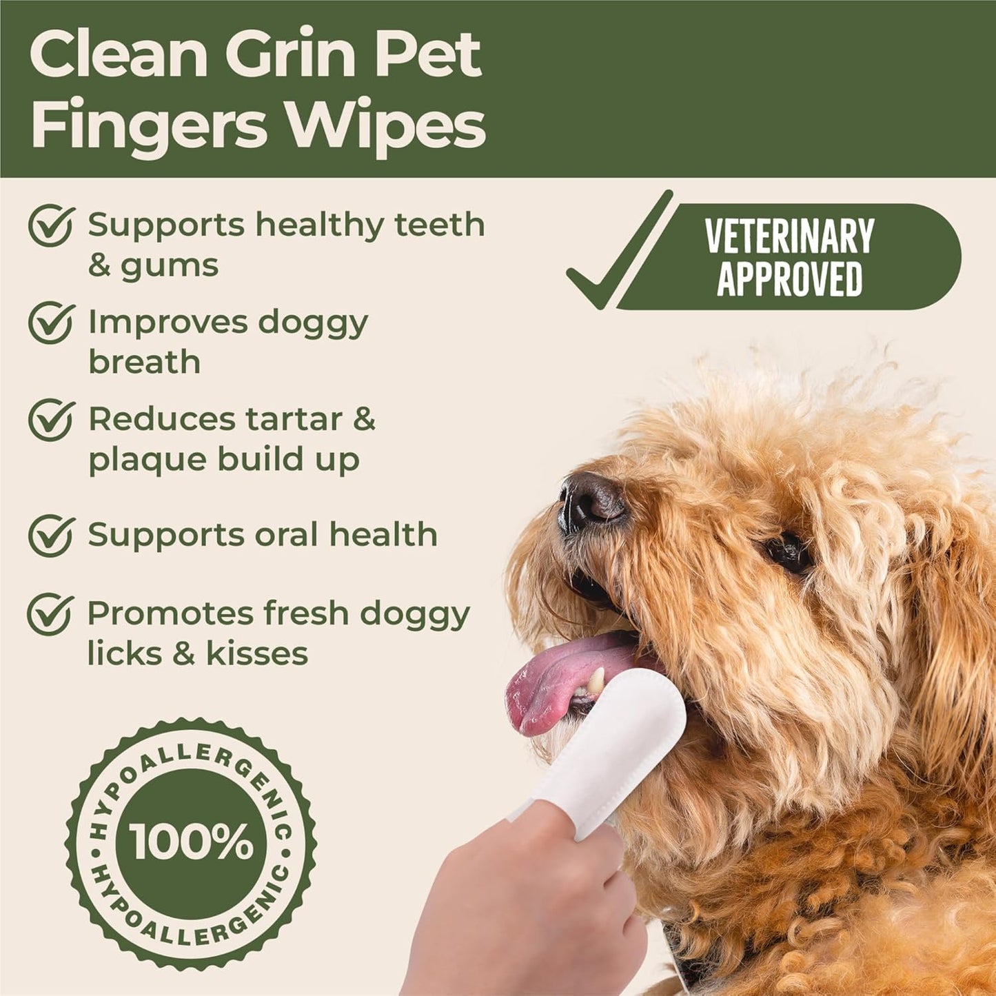 Dental Finger Wipes for Dogs and Cats, Hypoallergenic Teeth Cleaning Pet Wipes Designed to Freshen Breath, Remove Tartar & Plaque Buildup, Safe & Gentle Ingredients, 50 Count