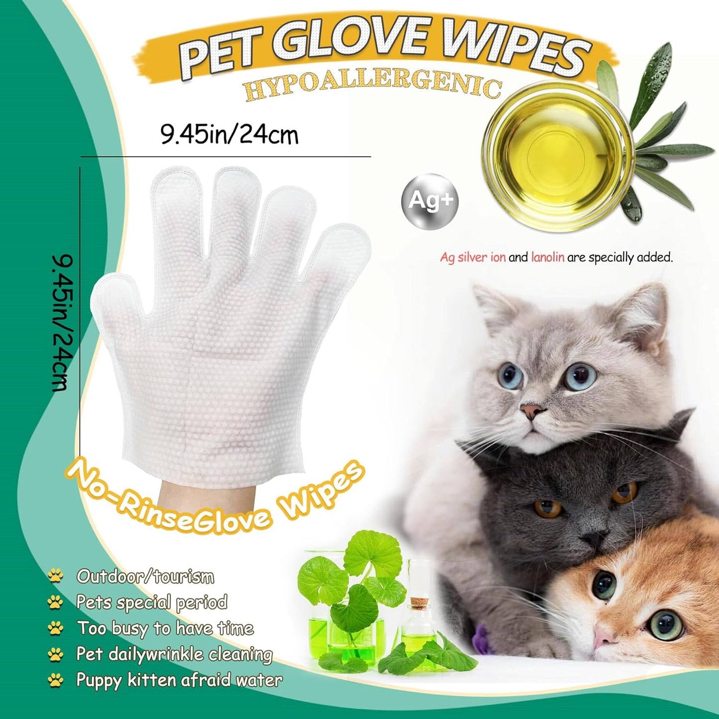 20 PCS Pet Cleaning and Deodorizing Bathing Grooming Glove Wipes for Dogs and Cats, Extra Thick Nourish Fur No-Rinse Grooming Wipes for Daily Care and Travel, Hypoallergenic
