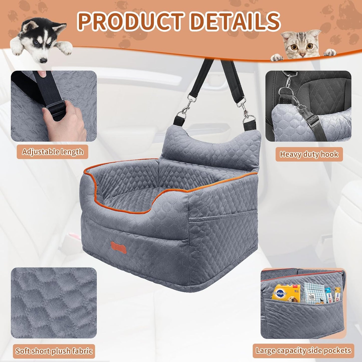 Dog Car Seat - Memory Foam Dog Booster Seat for Small Dogs Up to 25lbs-Elevated Pet Car Seat with Storage Pockets and Dog Seat Belt-Soft Pet Travel Bed for Front & Back Seats-Removable Washable-Grey