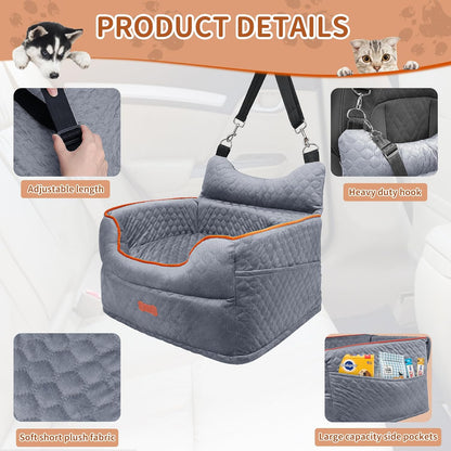 Dog Car Seat - Memory Foam Dog Booster Seat for Small Dogs Up to 25lbs-Elevated Pet Car Seat with Storage Pockets and Dog Seat Belt-Soft Pet Travel Bed for Front & Back Seats-Removable Washable-Grey