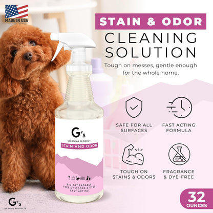 G's Cleaning Biodegradable Stain & Odor Remover Spray – 32 oz Pet Urine Enzyme Cleaner – Pet Odor Eliminator for Home – Cat & Dog Pee Carpet Cleaner – Stain Remover for Rug, Floor, Furniture, Mattress