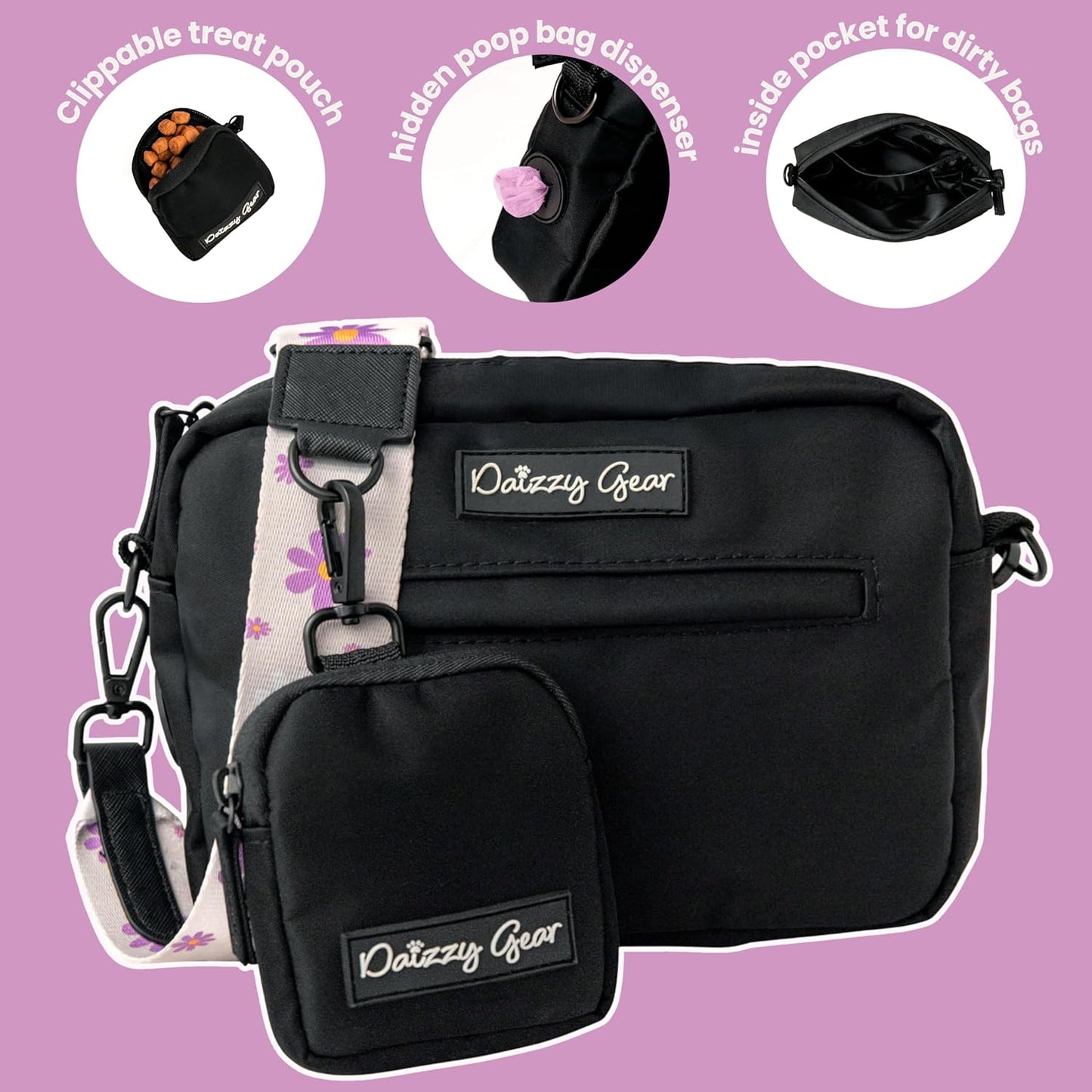 Dog Rope Leash + Crossbody Treat Bag with Poop Bag Dispenser - 44 LBS /6FT Medium Size Leash - Purple Daisy Dream