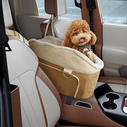 Dog Car Seat for Small Dogs Booster Seat Under 30lbs Pet Car Seat Travel Bed with Storage Pockets and Dog Safety Belt, Frosted-Velvet, Brown