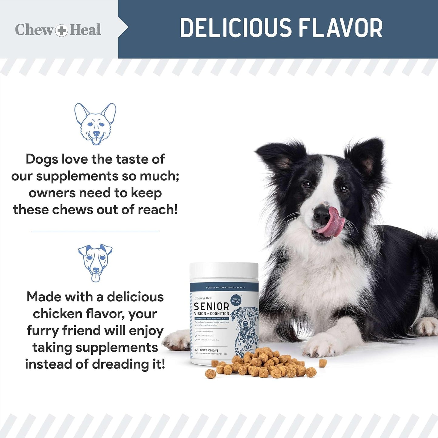 Chew + Heal Labs Senior Dog Vision and Cognition Chews - 60 Soft Chews for Dog Eye Care and Memory - 7-in-1 Multivitamin with Omega Fatty Acids, Vitamins, and Botanicals - Made in The USA