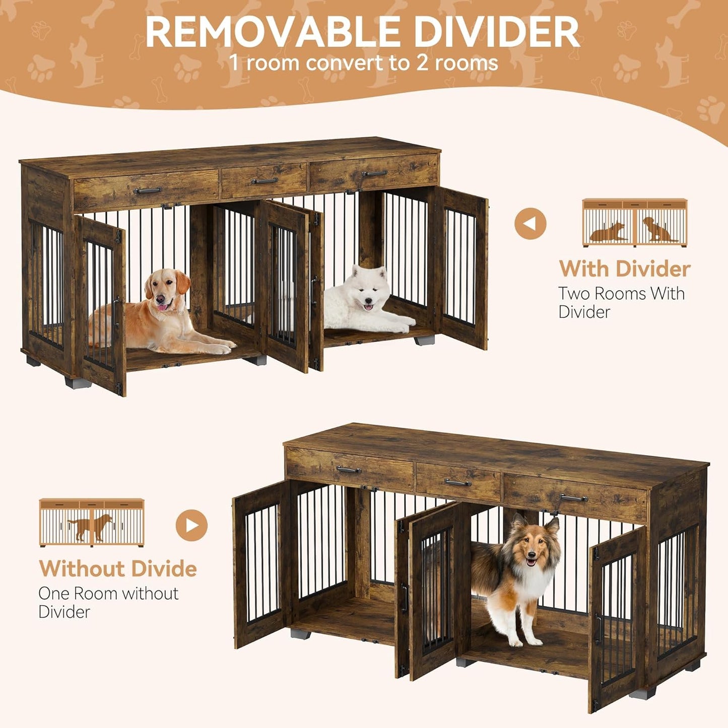 Dog Crate Furniture for 2 Dogs, 71" Large Double Dog Kennel with Removable Divider and 3 Drawers, Decorative TV Stand Side Table, Indoor Pet Cage House Rustic Brown