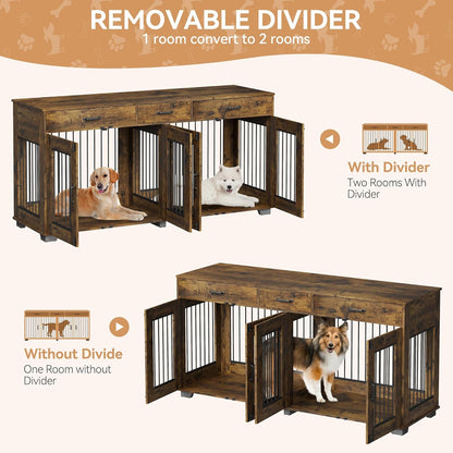 Dog Crate Furniture for 2 Dogs, 71" Large Double Dog Kennel with Removable Divider and 3 Drawers, Decorative TV Stand Side Table, Indoor Pet Cage House Rustic Brown