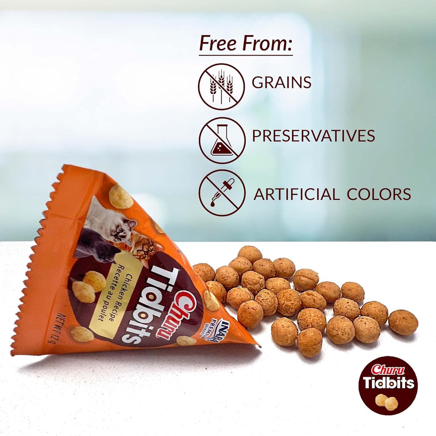 INABA Churu Tidbits for Cats, Soft & Chewy Churu Filled, Baked Chicken Cat Treats with Taurine & Green Tea Extract, 0.42oz per Pack, 8 Packs Total, Chicken Recipe