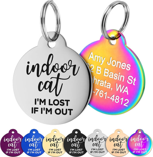 GoTags Personalized Indoor Cat Tag, Stainless Steel Round Pet ID Tag for Kittens and Cats, Engraved with 4 Lines of Custom Text and Phone Number, Colorful Fun Design (Small Pack of 1)