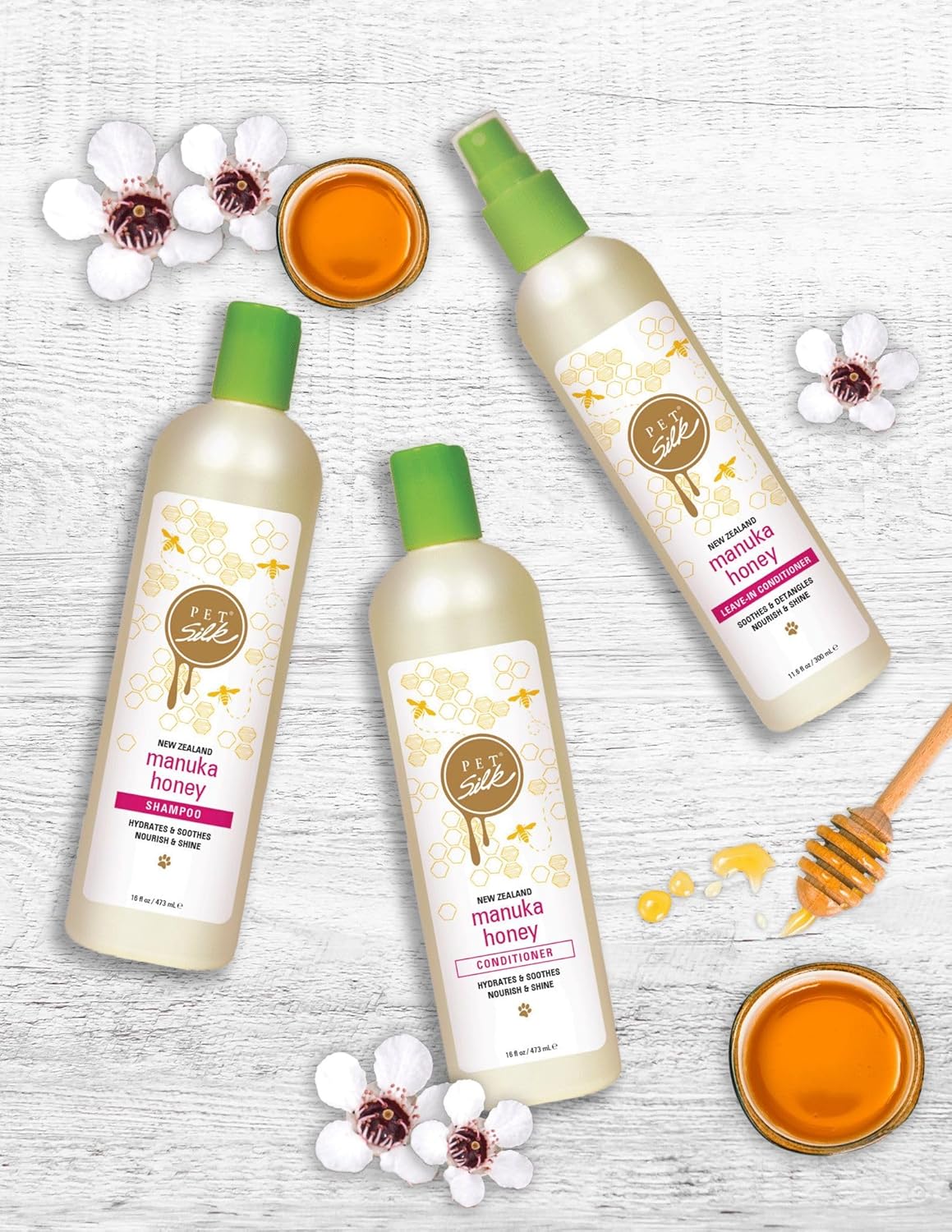 Pet Silk Manuka Honey 11.6oz Leave-in Conditioner, Soothes, Detangles, Nourishes and Improves Overall Shine, Create a Stronger, Healthier Coat, Infused with Manuka Honey, Green Tea and Keratin!