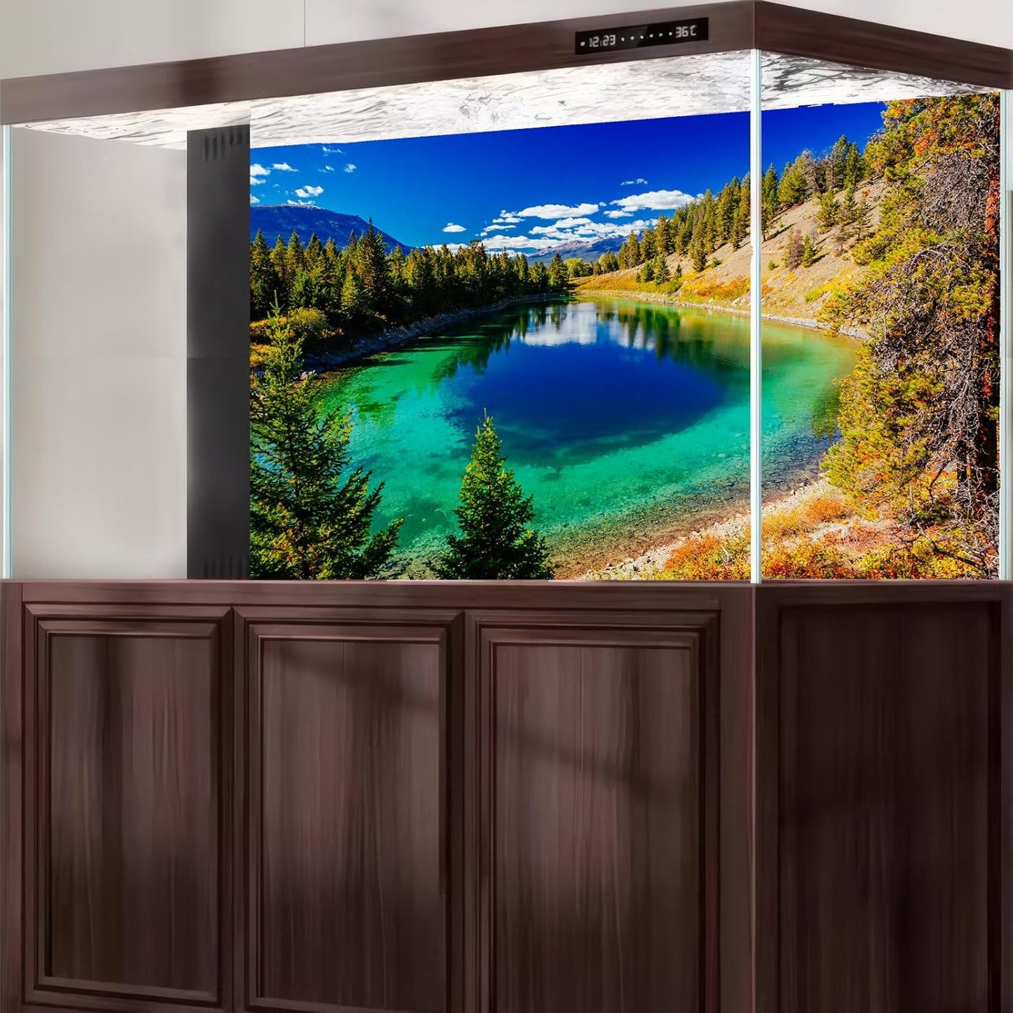 Majestic Lake Aquarium Background Aquamarine Blue-Green Shades Five Lakes Fish Tank Background Scenic Serene Pine Trees Terrarium Backgrounds Tranquil Valley Lakes Reptile Tank Backgrounds 72x18in