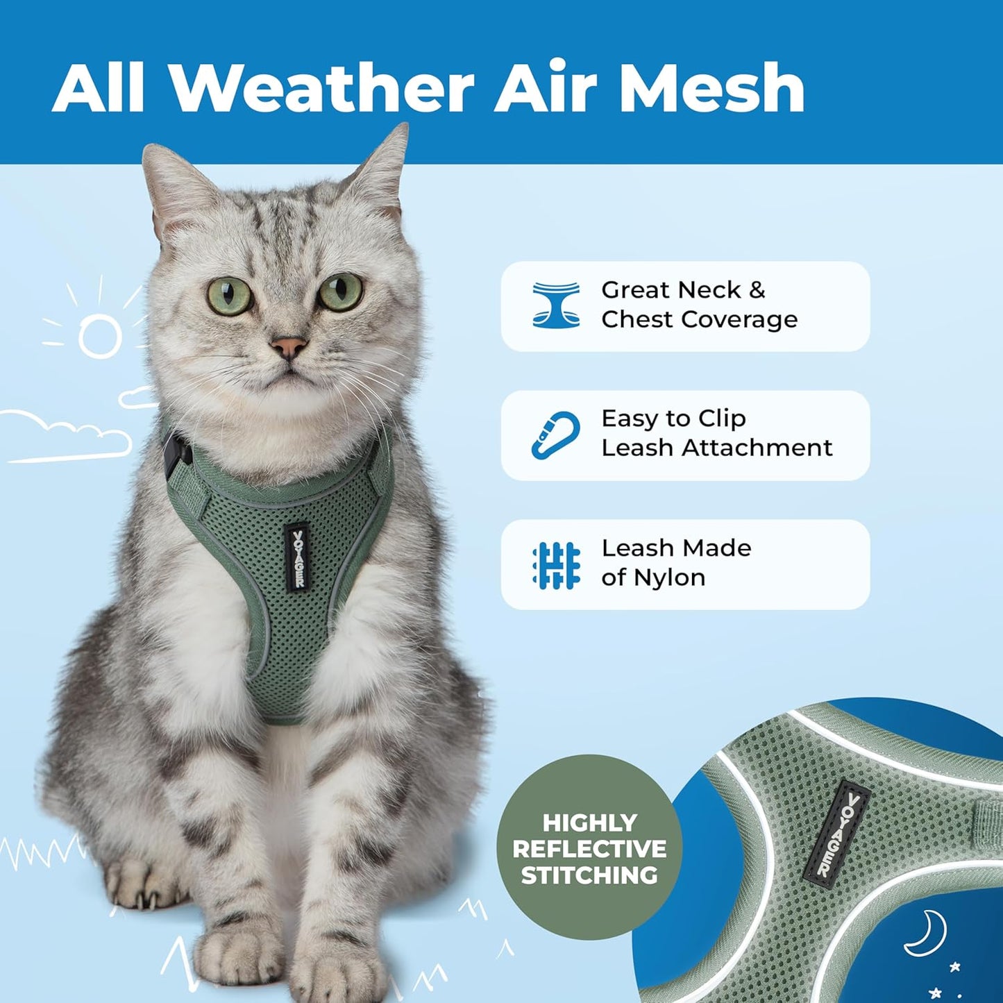 Voyager Escape-Proof Step-in Lock Cat Harness & 5ft Neoprene-Handle Leash Set All-Weather Mesh with Reflective Stitching for Small to Large Cats by Best Pet Supplies, Moss Green (327), XS